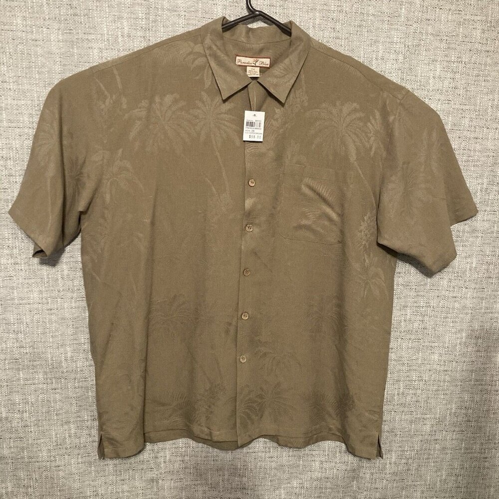 Paradise Blue Mens Silk 2X Short Sleeve Button Coffee Brown Hawaiian Shirt. NEW